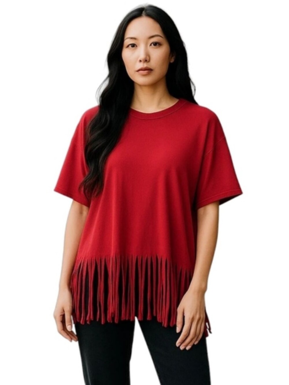 Verdusa Red Stretch Fringe Boho Oversized Stretch T-Shirt Women's Size Large NWT